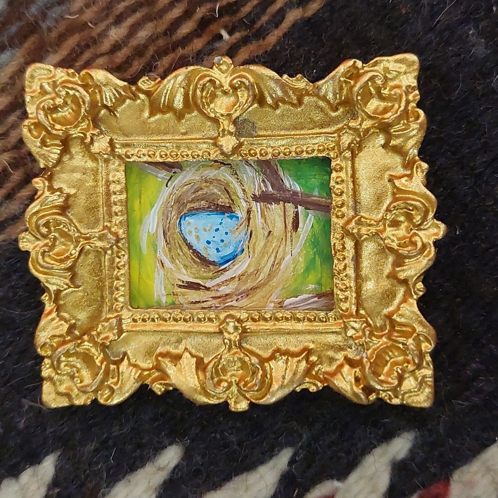 Miniature Original Hand Painted American Robin Nest, Robin Egg On A Gold Frame